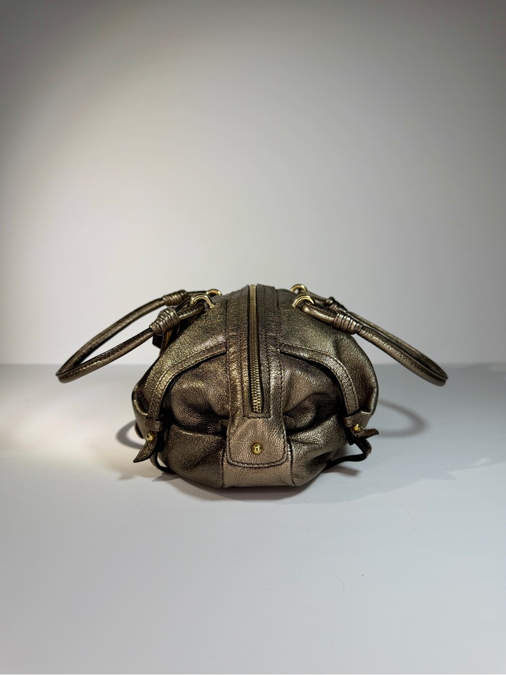 Salvatore Ferragamo Metallic Leather Crystal Gancini Satchel Bag Bronze Gold - Picture 5 of 11